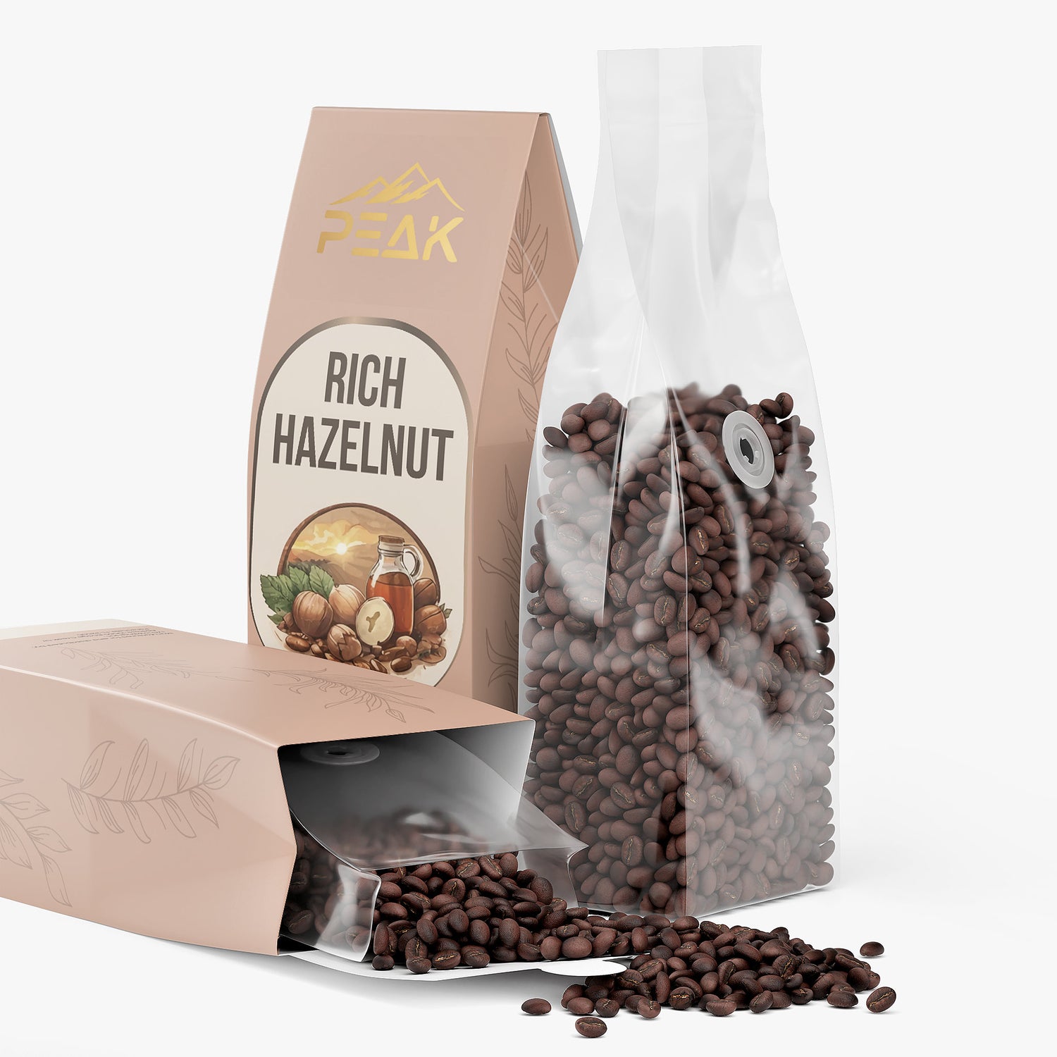 Peak Rich Hazelnut packaging with cocoa beans on a white background