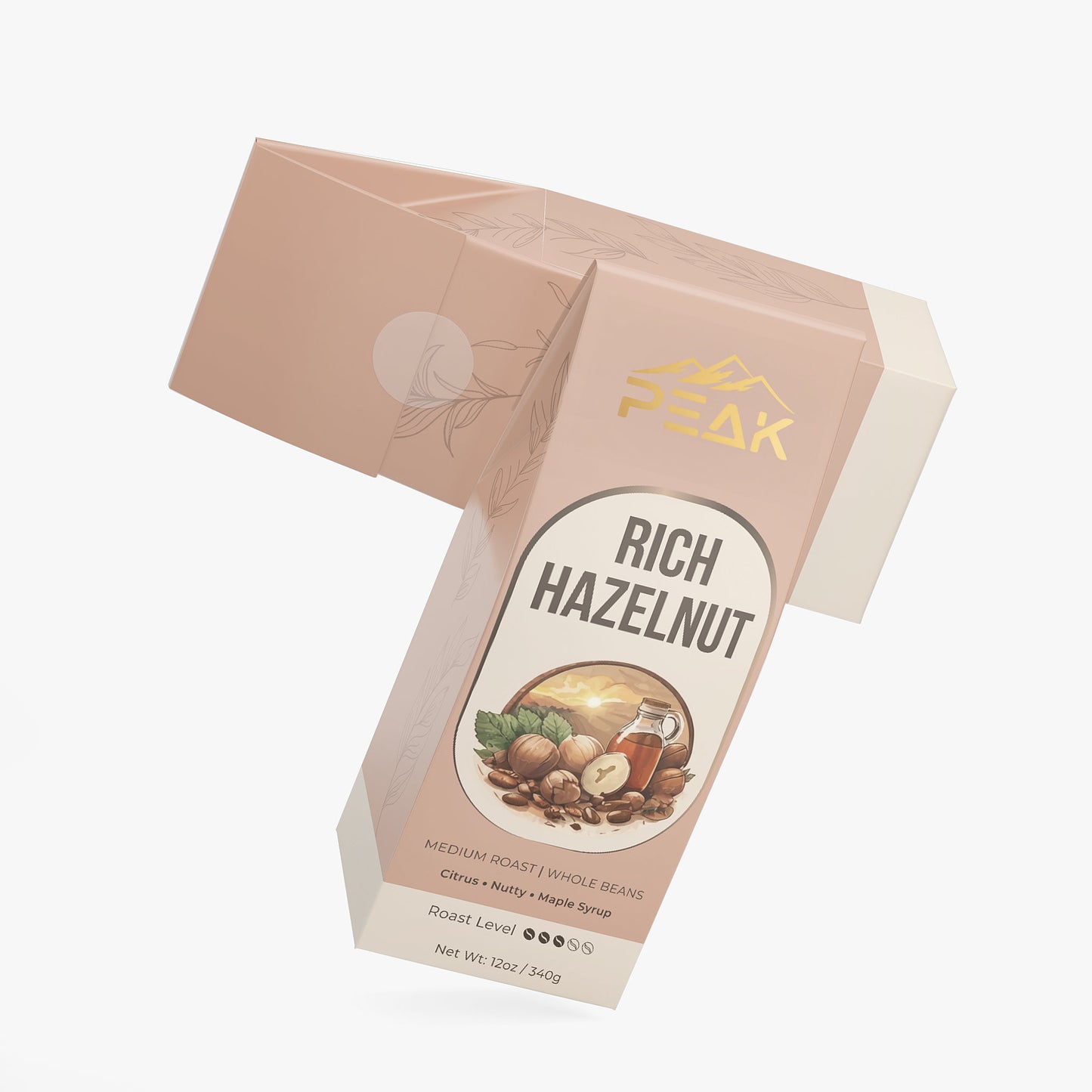 Packaging of Rich Hazelnut coffee with a brand logo on a white background