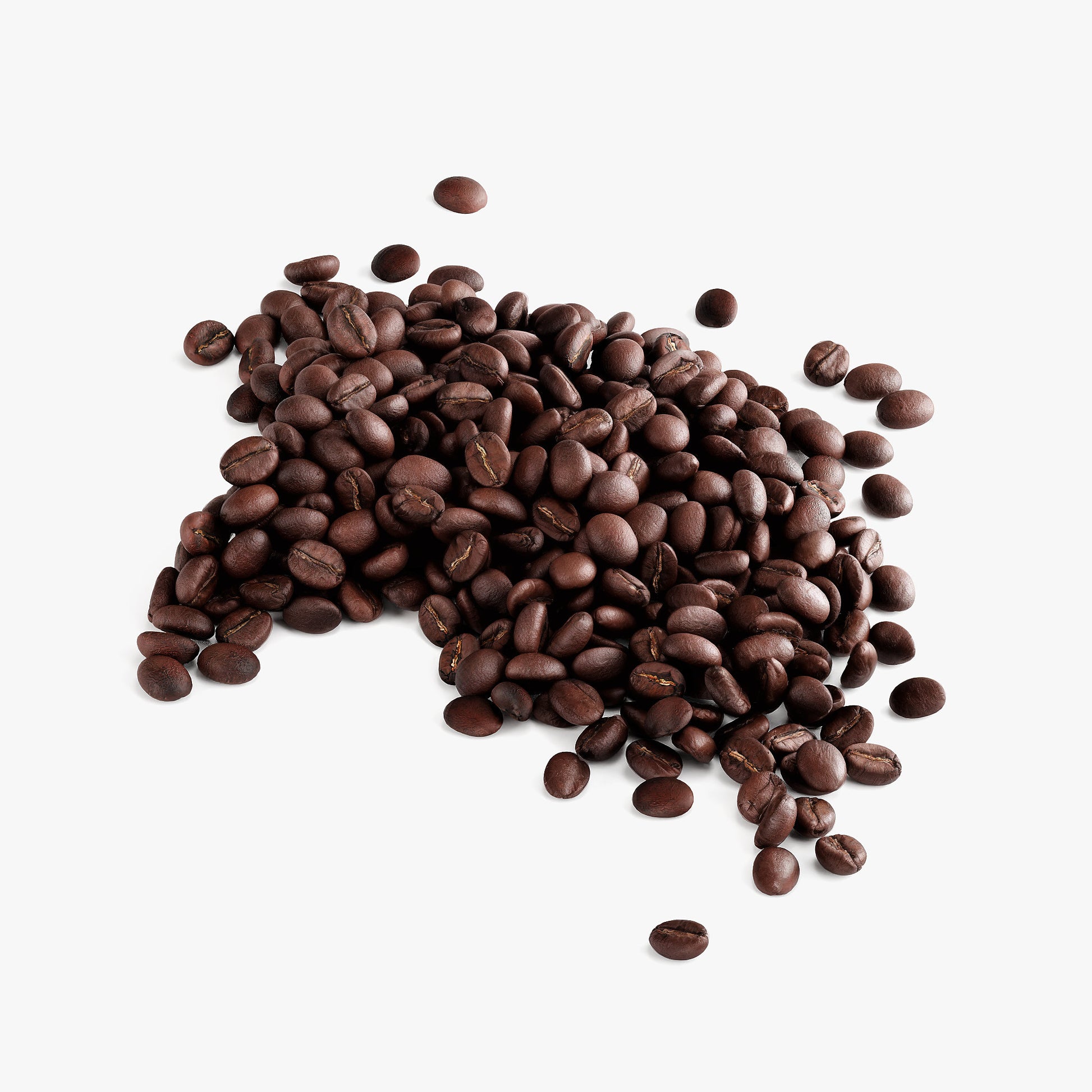 Pile of coffee beans on a white background