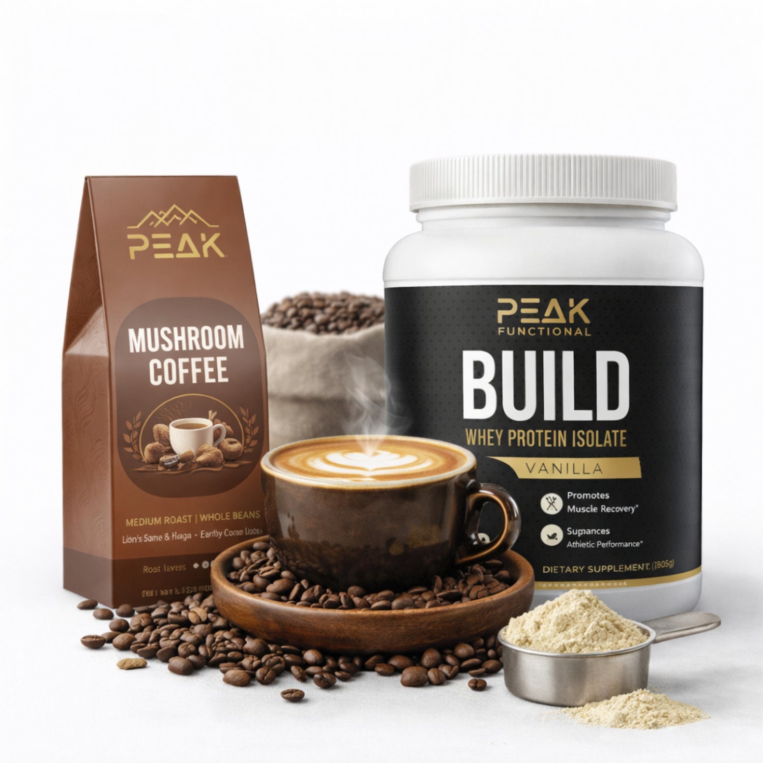 Peak Mushroom Coffee package and Whey Protein Isolate container with coffee and beans on a white background